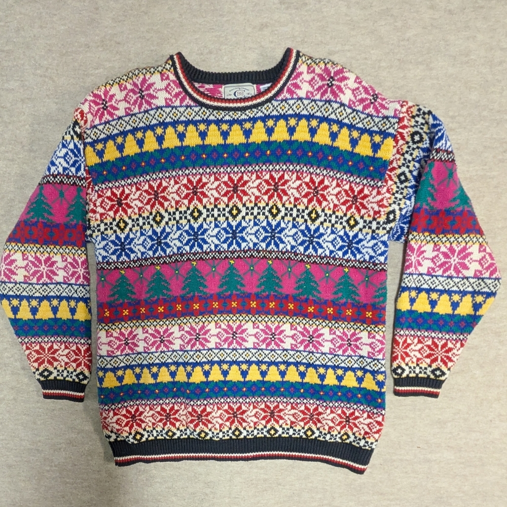 Christmas Holiday Vintage Knit Cotton Sweater Poinsettia & Tree Jaquard Size Med